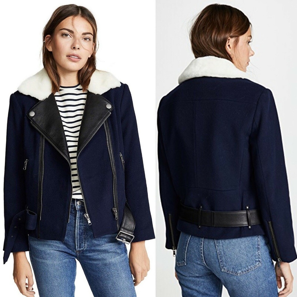 JOIE Fayana Genuine Shearling & Leather Trim Moto Jacket Navy Blue Sz S NWT